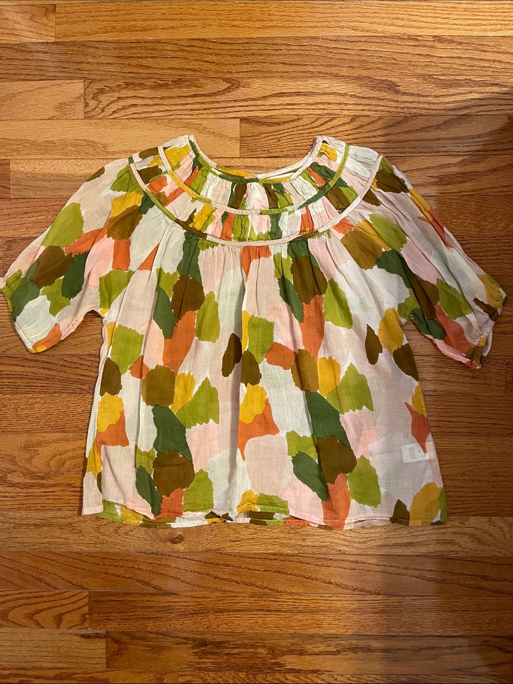 THML Watercolor Brushstroke Green, Pink Sheer Ruched Neck Peasant Blouse Sz XS